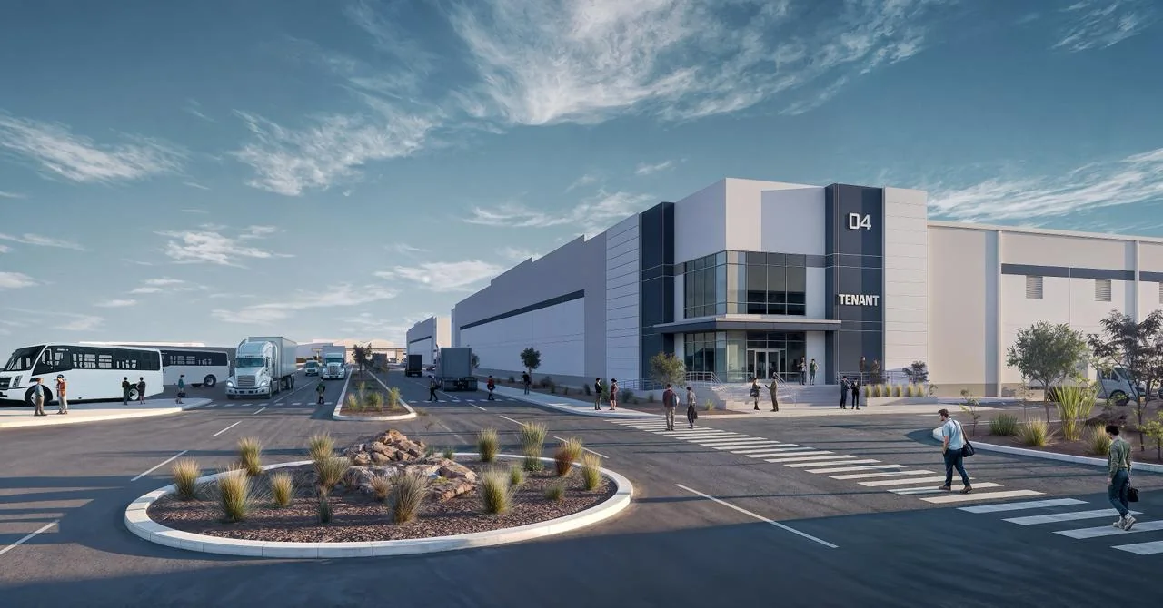 CORE Park, render exterior de la nave y el acceso vehicular