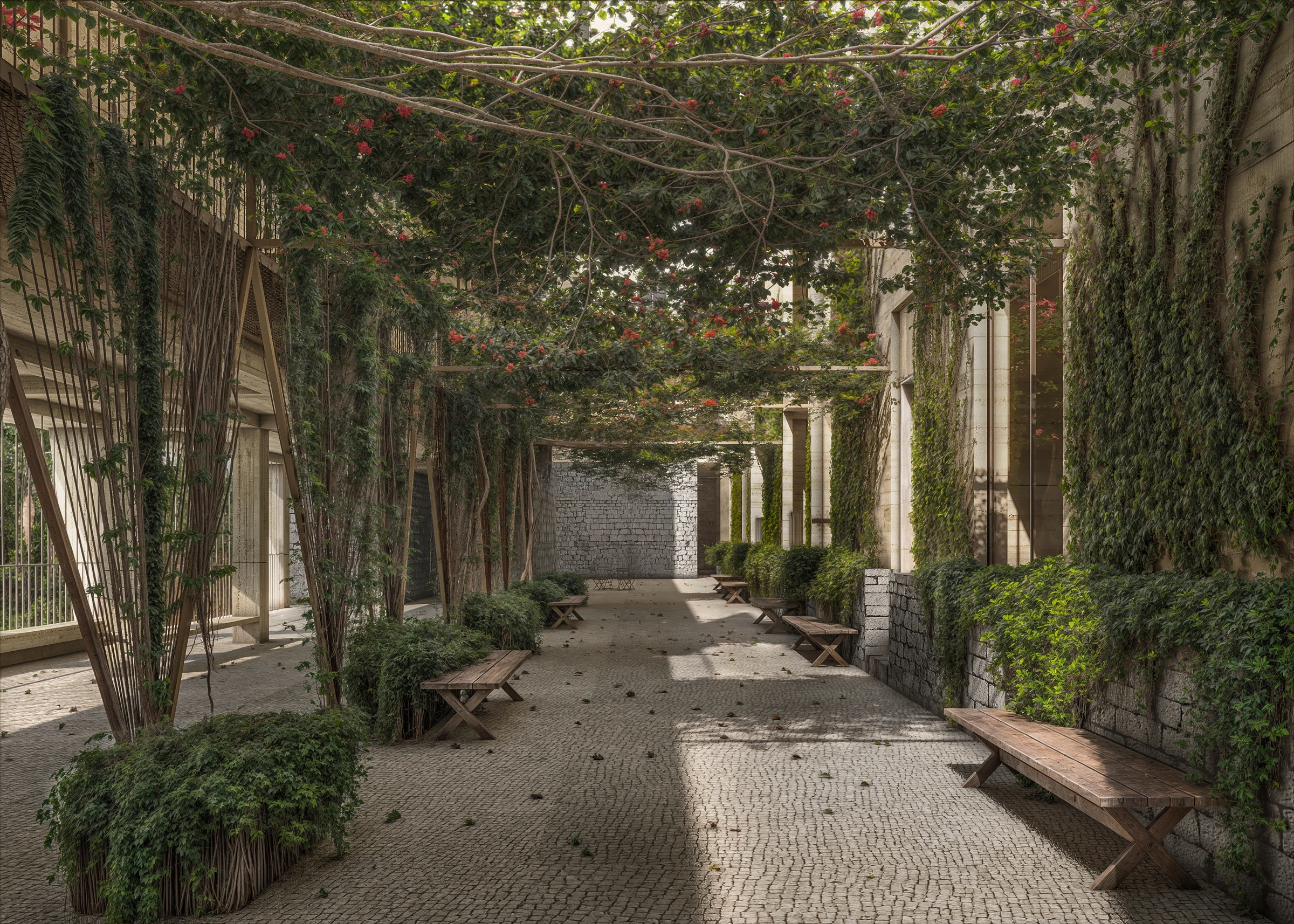 Casa Libertad, render del patio interior con vegetación y bancas